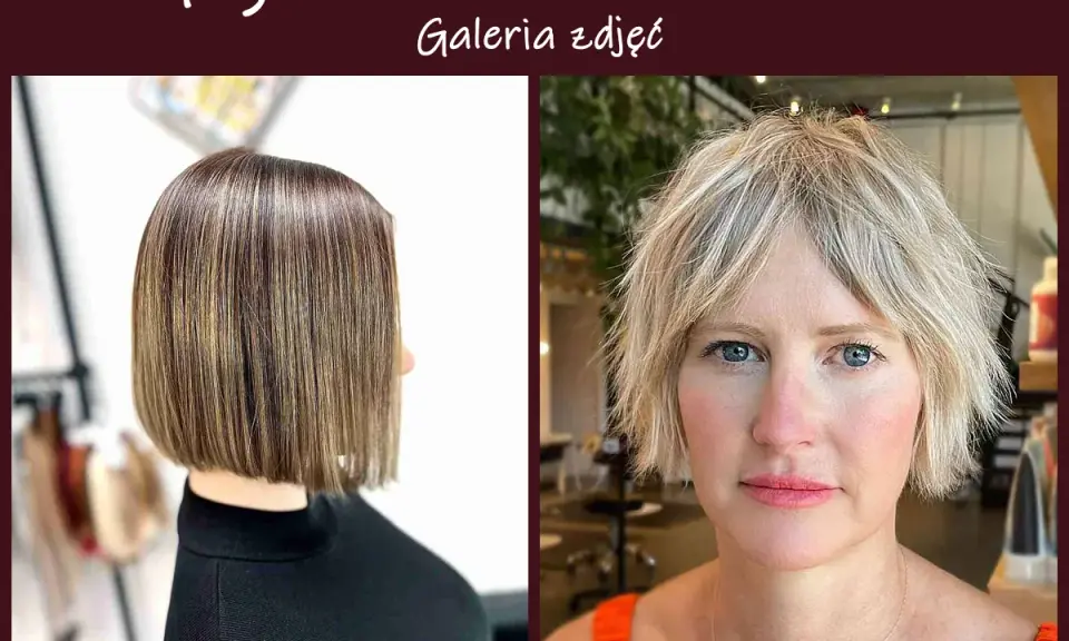 Dwie kobiety z krótkimi włosami: jedna z prostym bobem i pasemkami, druga z rozczochraną fryzurą.