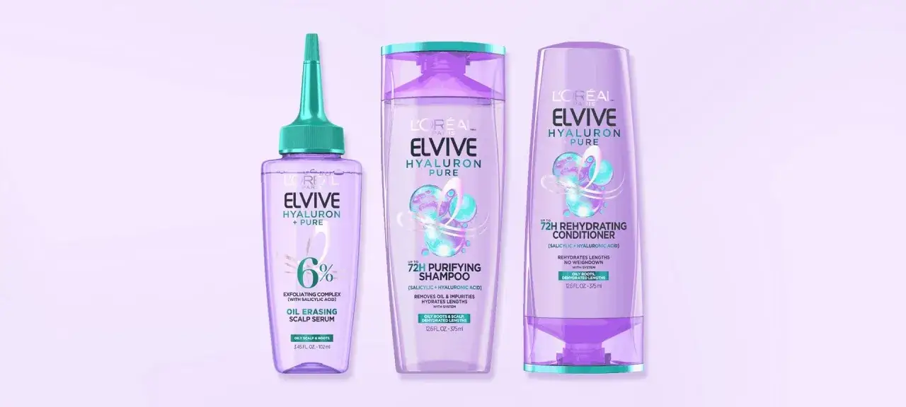Zestaw L'Or&eacute;al Elvive Hyaluron Pure do walki z wypadaniem i przetłuszczaniem włos&oacute;w. Serum, szampon i odżywka z kwasem salicylowym.