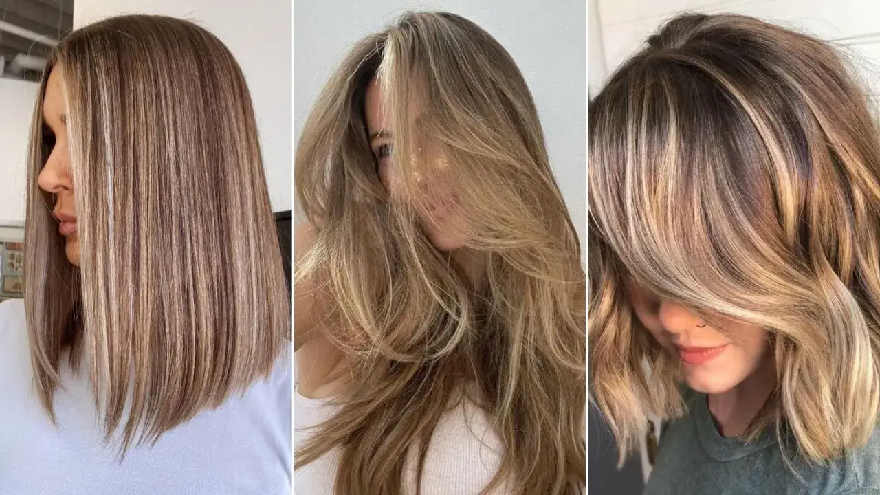 Trzy kobiety prezentują różne fryzury z subtelnymi blond highlights, dodającymi objętości i blasku.