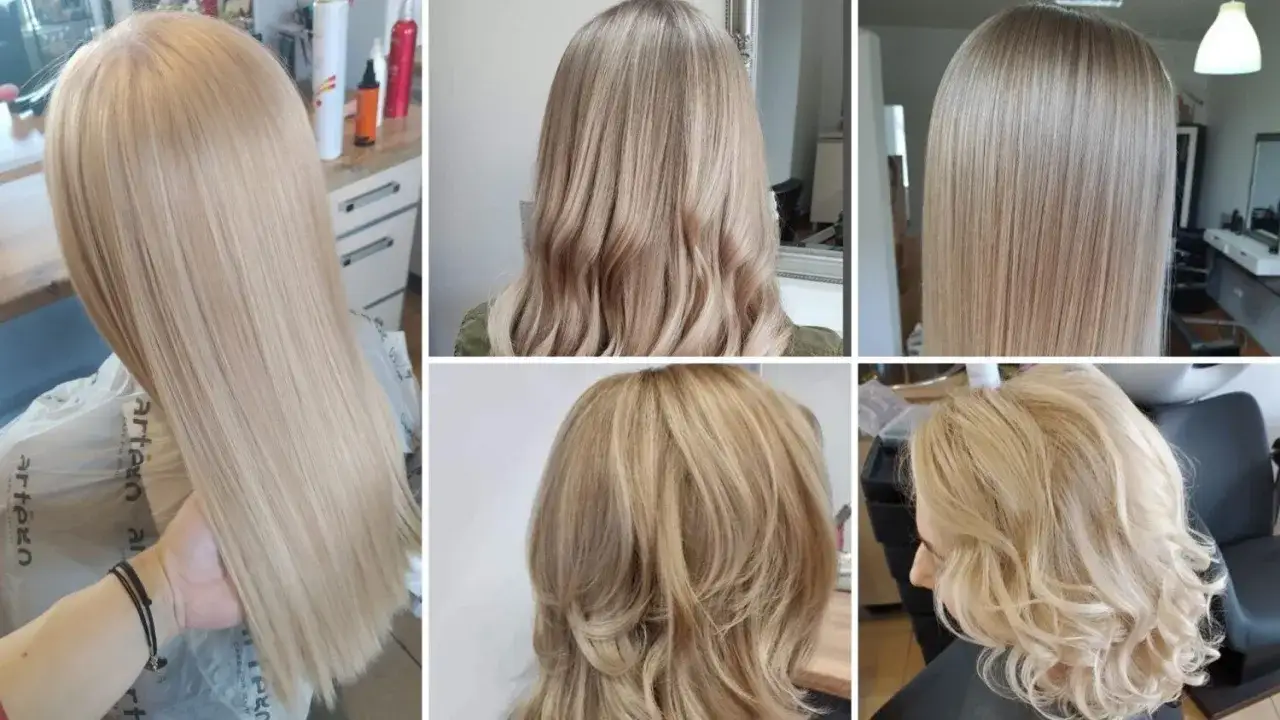 Pięć ujęć r&oacute;żnych fryzur z blond włosami jasnymi. Od prostych po fale, każda stylizacja podkreśla piękno jasnych pasm.