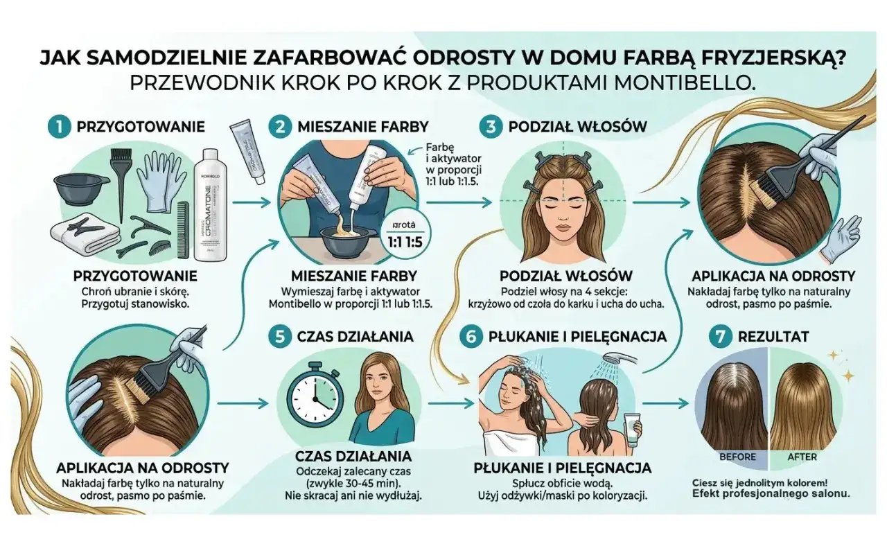 Instrukcja krok po kroku: jak samodzielnie wykonać farbowanie odrostów w domu. Przygotowanie, mieszanie farby, podział włosów, aplikacja na odrosty, czas działania, płukanie i pielęgnacja, efekt.