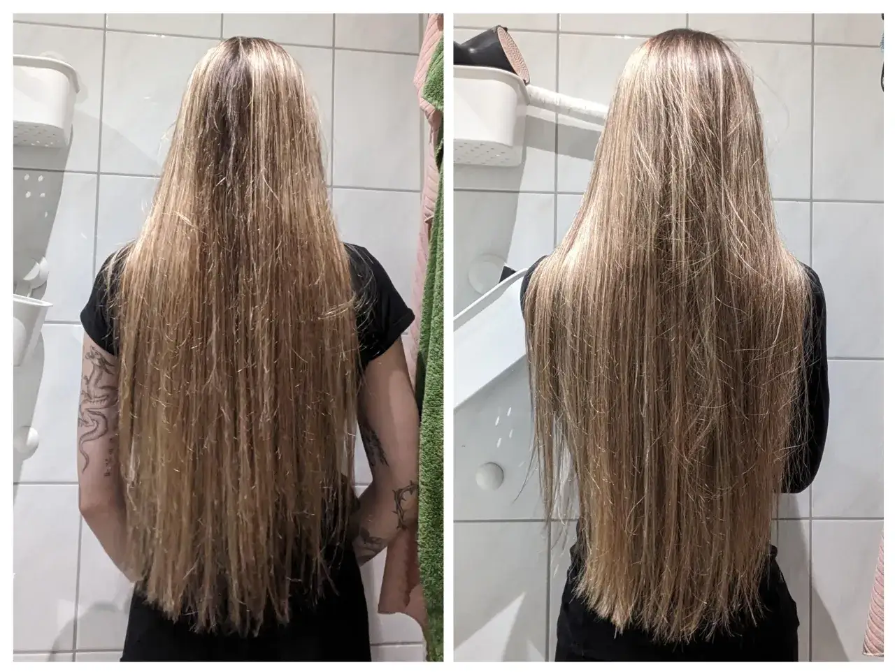 Długie, blond włosy przed i po zabiegu. Zastanawiasz się, jak długo trzymać olej na włosach, by uzyskać taki efekt?