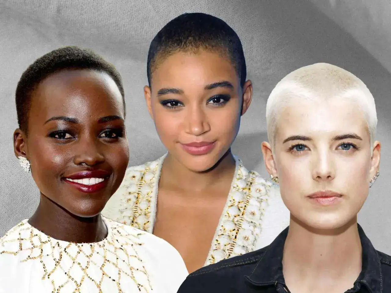 Trzy kobiety z odważną fryzurą na zapałkę damską. Lupita Nyong'o, Amandla Stenberg i Agyness Deyn prezentują odważne cięcia.