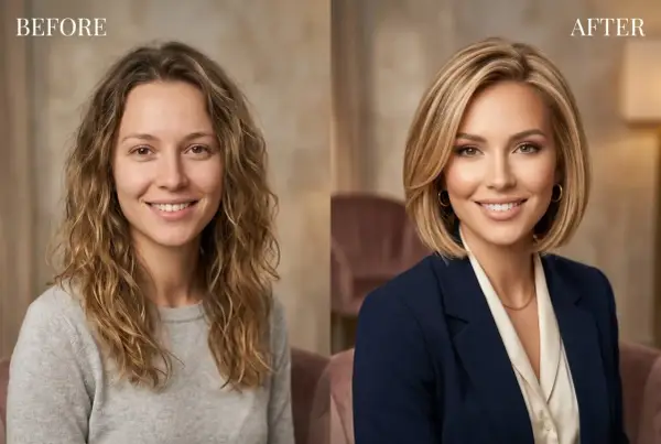 Metamorfoza: od naturalnych fal do eleganckiej fryzury bob z pazurkami. Nowy wizerunek dodaje pewności siebie i profesjonalizmu.